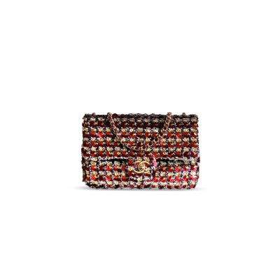 CHANEL FLAP BAG SEQUINS & GOLD-TONE METAL GOLDEN & DATE RED AS4561 (21*14*8cm)